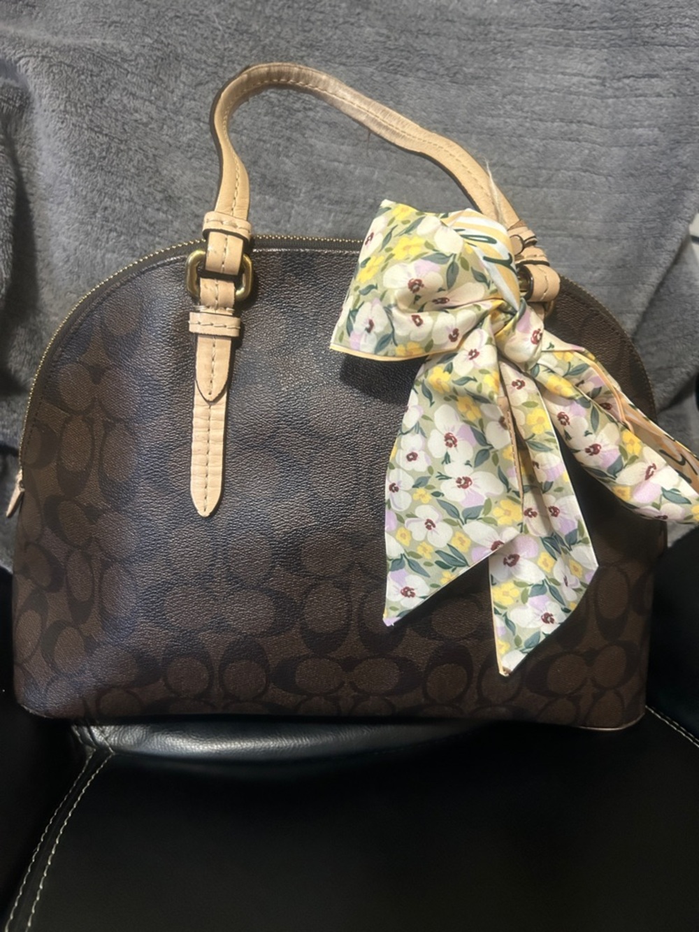 Coach Brown and Tan Signature Dome Satchel with Floral Scarf Accent